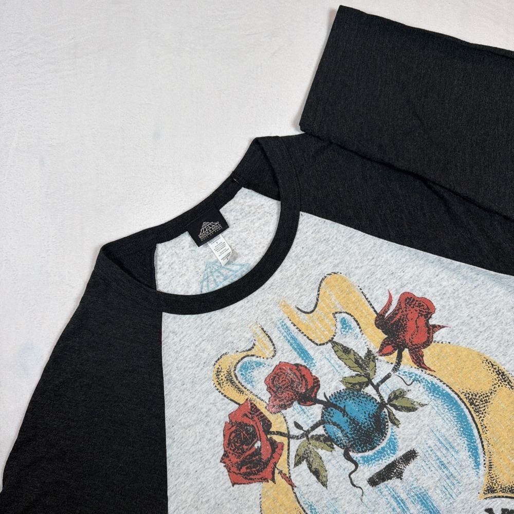 Rock & Roll Graphic Raglan T Shirt Roses Loud Music Biker Y2K Style Women's S